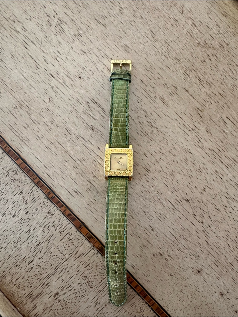 Dior Green Lizard-Texture Leather Strap Gold-Tone Square Watch